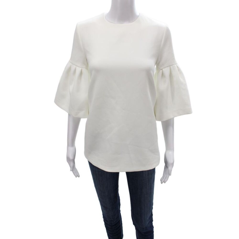 Edit Women Tunic Blouse White 3/4 Sleeve Round Neck Zip Polyester Size XS